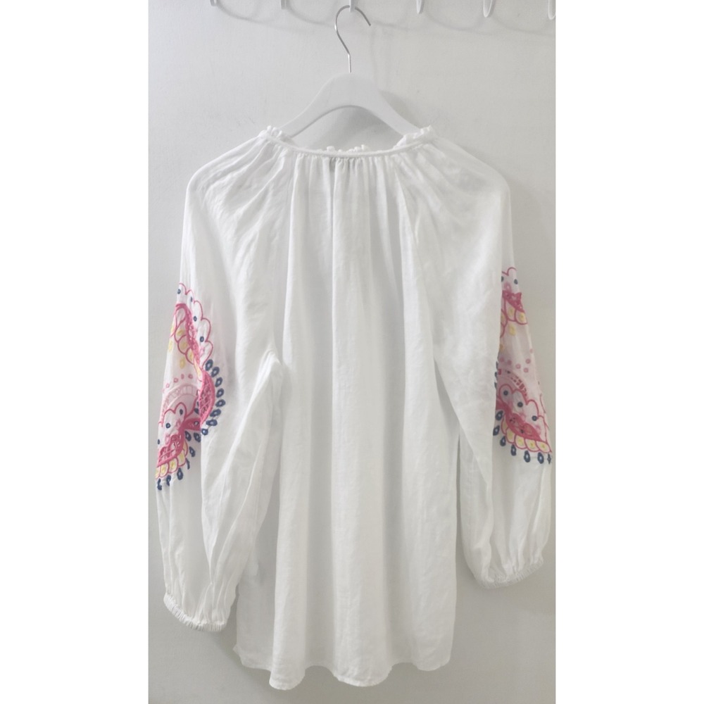 Charter Club Luxury White Linen Embroidered Peasant Blouse Tassel Tie Medium - Picture 6 of 7